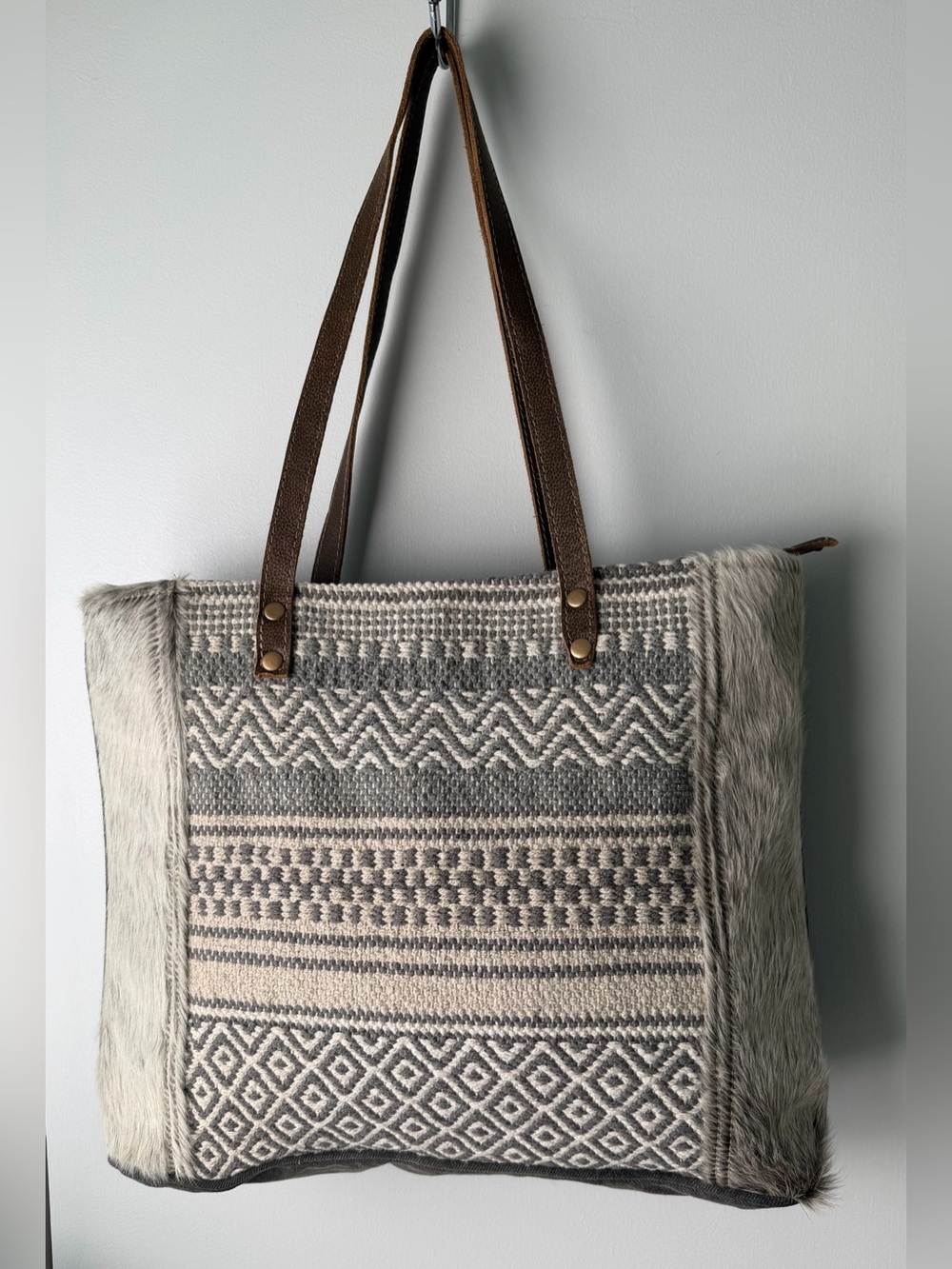 Myra Bag “Neighbor’s Envy” Woven Canvas & Hair-On Hide Western Tote